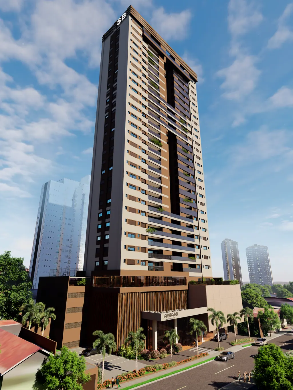 Torre do Amani Comfort Home vista de baixo, com a fachada em ripas verticais